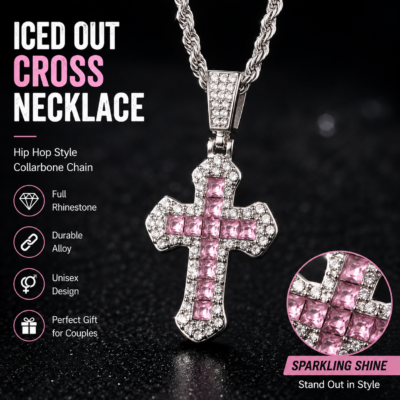 Iced Out Pink Cross Necklace – Hip Hop Rhinestone Pendant Chain for Men & Women