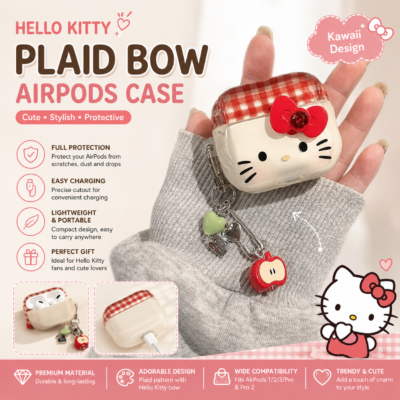 Cute Plaid Bow Cat Earbuds Case – Protective Wireless Earphone Cover with Charm Pendant